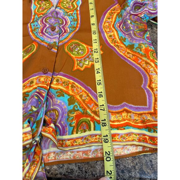 Rachel Zoe XS V Neck Goldish Brown Purple Geometric Print Blouse - Picture 7 of 7